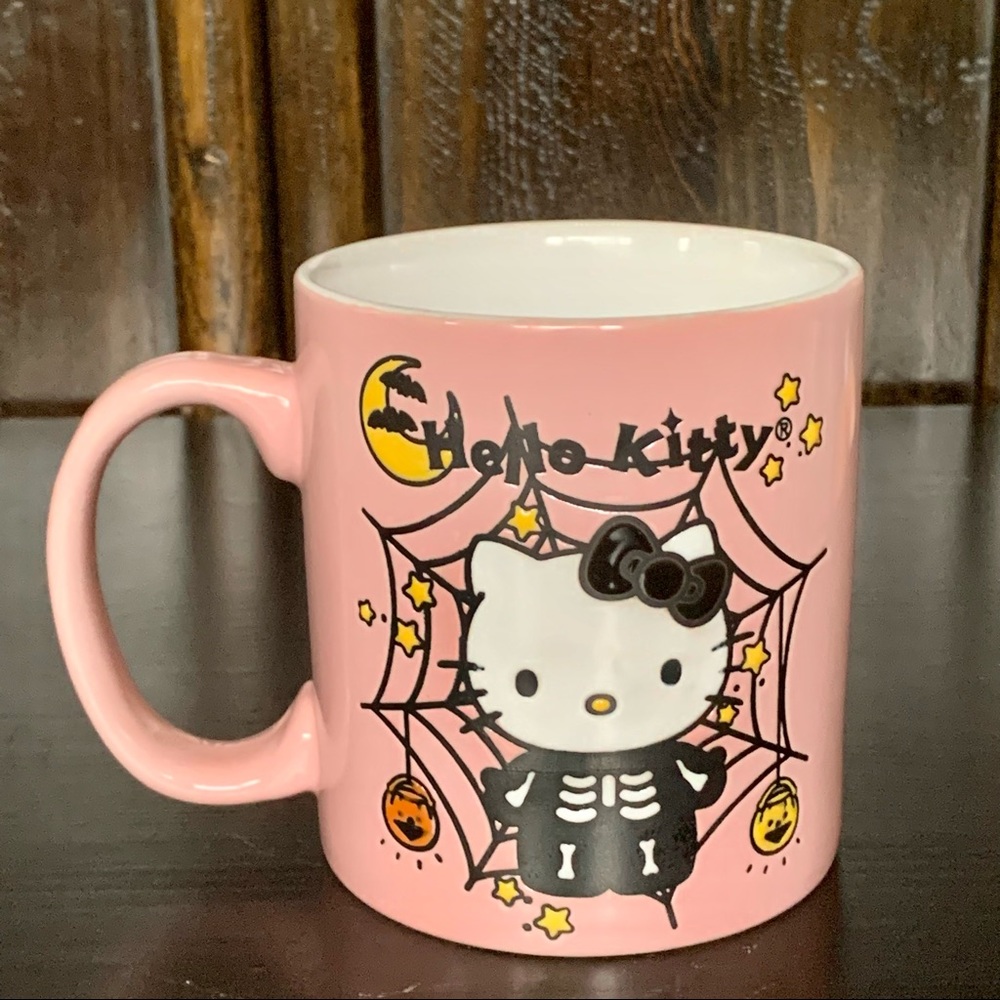 Hello Kitty Pink Halloween Mug - Skeleton Spider Web Bats Stars Pumpkins - Picture 8 of 11